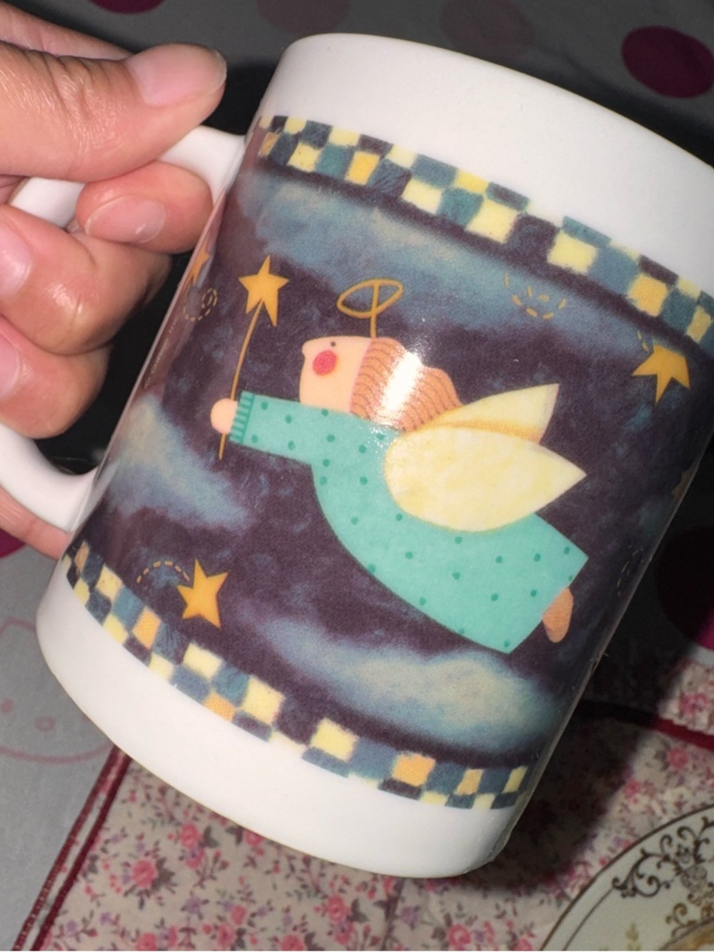 White Mug with Teal Angel Design